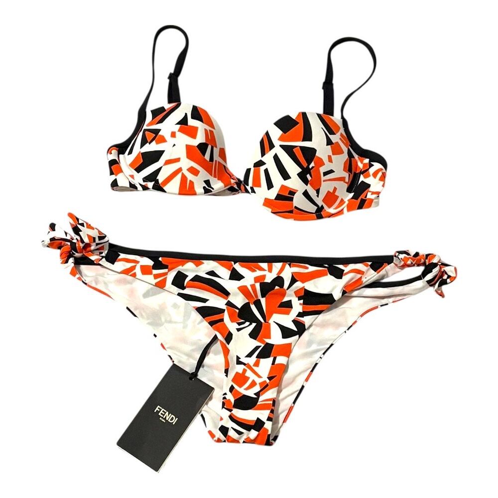 NWT Fendi Bikini - Size 14 - Black White Orange Bold Abstract Geometric Print